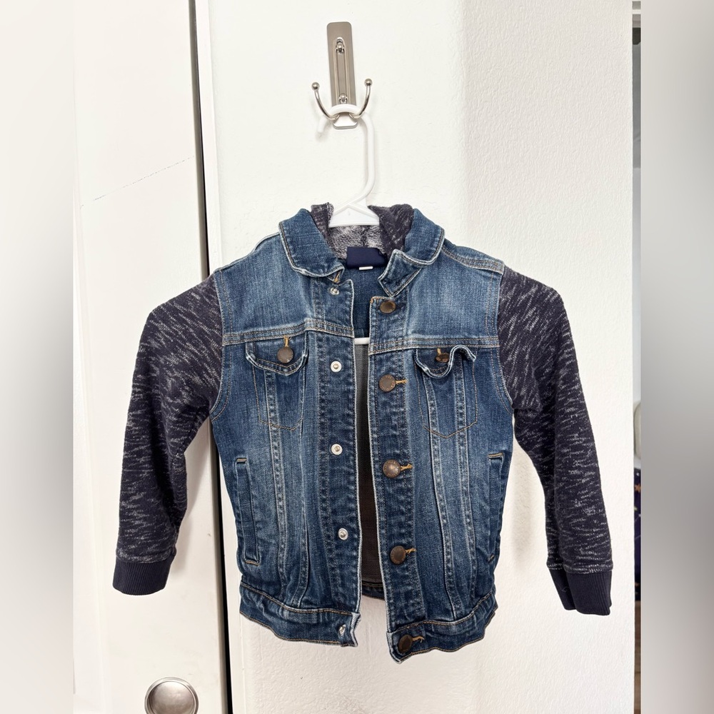 Denim Jacket with Knit Sleeves